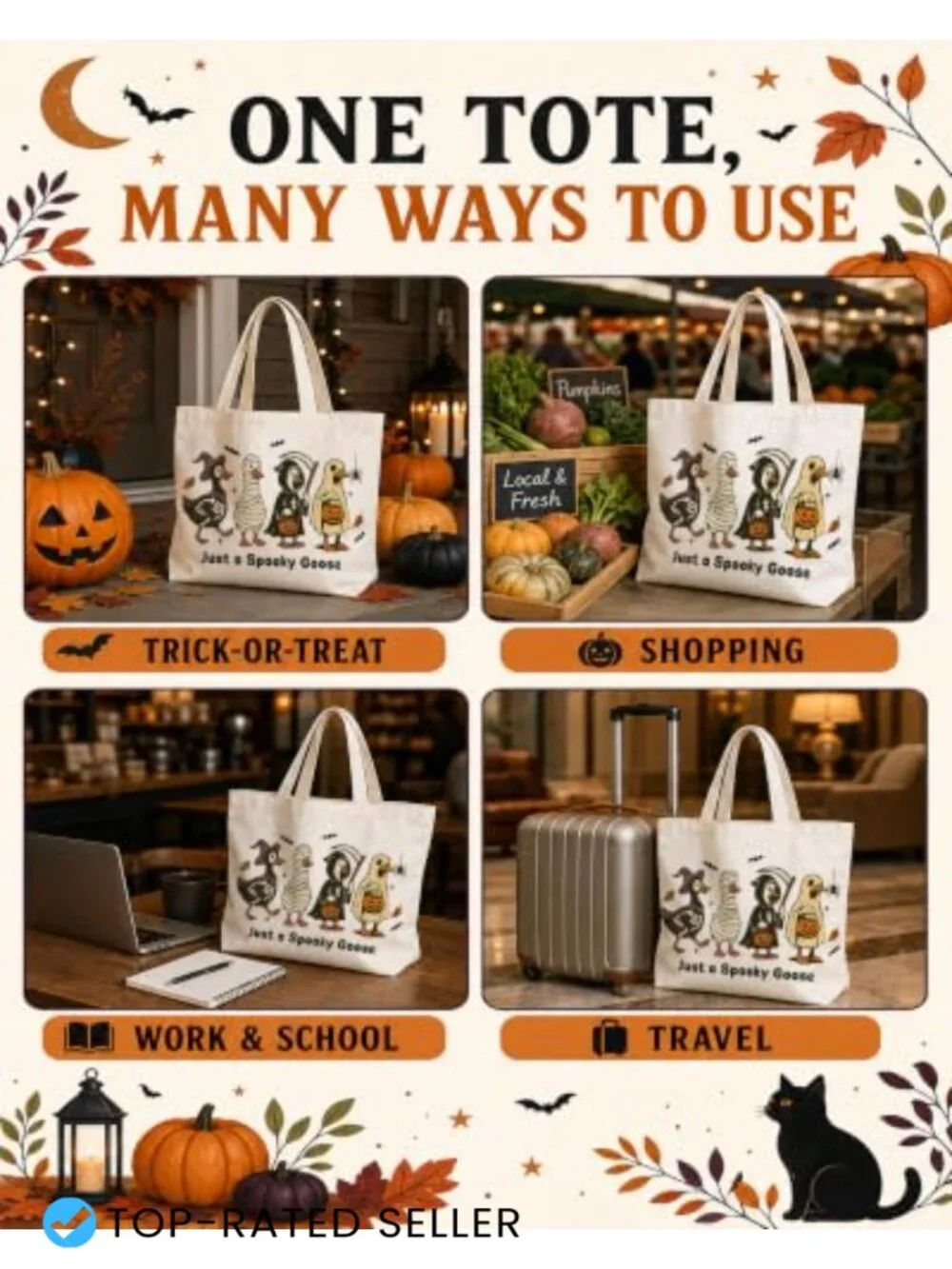 Halloween Skull Canvas Tote Bag - Reusable Large Shoulder Bag